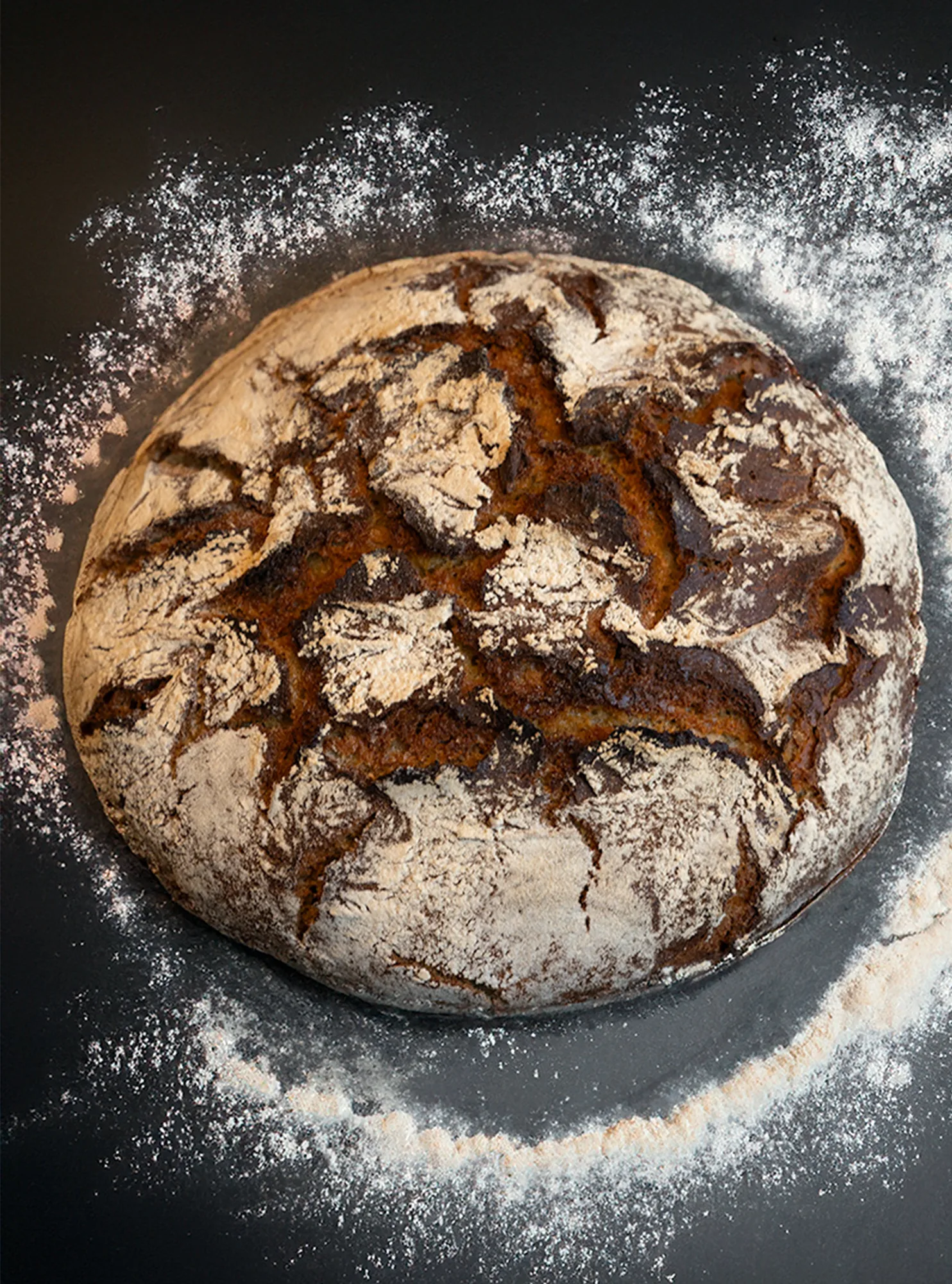 Miche de pain au levain farinée, sortie de four